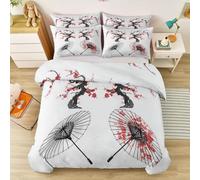 White Pink Umbrella Cherry Blossom Bamboo Plum Blossom Bedding with Pillowcases, Elegant Soft 100% Microfibre Easy Care Quilt Cover Cot-bed for All Seasons
