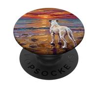 White Pit Bull on a Sunset Summer Beach Artwork PopSockets Adhesive PopGrip