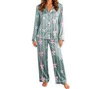 White Pjs Women Pyjamas Set 2 Piece Satin Button Up Long Sleeve Tops Wide Leg Pants Pjs Sets | Cute Printed Pajamas Soft Comfy Fall Winter Sleepwear Baggy Loungewear Set Green