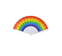 White Plastic & Rainbow Gay Pride Multi Fabric Hand Fan Cooling Summer Rave Festival Accessory 42cm