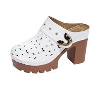 White Platform Chunky Block Heel Mule Clogs Women Backless Slip On Cut Out Breathable Metal Buckle Rivet Decor Casual Retro Summer Closed Toe Walking Shoes UK Size 7.5