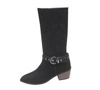 White Platform Heels Fall/Winter Thick Heel Buckle Strap British Style Boots Casual Above The Knee Long Boots Knee High Boots Wide Calf (Black, 5.5)