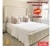 (White Plush, 4ft Small Double (without Gaslift)) Luxury Winged Chesterfield Double Bed Frame with Mattress Included 54in Headboard Ottoman Gas Lift Storage Hand Made UK