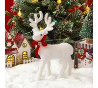 White Plush Reindeer Christmas Decorations, Artificial Plush Reindeer Xmas Elk with Red Bow, Nordic Style Holiday Deer Figurines, Xmas Elk for Christmas Tree Ornaments Decor Home Decor New Year Gift