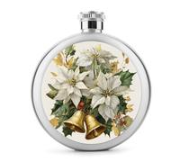 White Poinsettia Flowers Golden Bells Holly Vintage Stainless Steel Hip Flask for Liquor, Round Pocket Portable Wine Flask for Drink 5 Oz