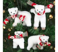 White Polar Bear Animal Christmas Ornaments Decorations, Collection Winter Polar Bear Set of 4 with Scarf for Christmas Tree, Cute Woodland Xmas Flocked Ornaments Festive Holiday Home Decor Decor Gift