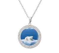 White Polar Bear on Ice Diamond Necklace for Women Girlfriend 20" Chain Hypoallergenic Jewelry Memorial Couple Necklace Custom Photo Pendant Necklaces Birthday Anniversary Romantic Gift for Her, One