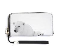 White Polar Female Bear with Two Cubs on Ice Black White Pattern Long Clutch Wallet, Long Handbag with Removable Wristlet Strap, PU Leather Zip Purse, Credit Pass Case Card-Holder for Men Women
