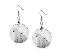White Polar Female Bear with Two Cubs on Ice Black White Pattern Round Wooden Dangle Earrings Lightweight Circle Earrings Premium Comfortable Circle Earrings For Women Ladies Girl