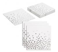 White Polka Dot Napkins with Silver Metallic Pattern - Disposable Paper Serviettes for Parties, Weddings, Formal Dinners and Celebratory Events, 40 Pack of 33x33cm Square Table Decorations