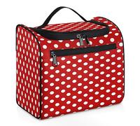 White Polka Dot Red Background Toiletry Bag for Women, Hanging Travel Toiletry Bag, Water-resistant Cosmetic Makeup Organizer for Toiletries and Cosmetics, Bathroom Shower Bag with Handle and Hook