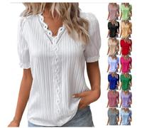 White Polo Shirts Tops for Women UK Plus Size Ladies Summer Tops Elegant Lace Splicing Hollow Bubble Short Sleeve Solid Color Blouses V Neck Shirt Soft Comfy Classic-Fit Dressy Casual Tops Tee 2026