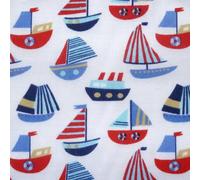 White Polycotton Fabric with Blues & Red Boats Print (Per Metre)