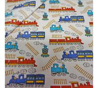 White Polycotton Fabric with Red and Blue Childrens Trains (Per Metre)
