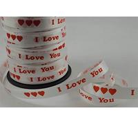 White polyprop Curling Ribbon with red I Love You Print 10mm x 5 Metres Cut from roll, Ideal for Christmas or Birthday giftwrap and Decoration!