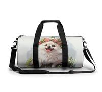 White Pomeranian Dog with Flower Gym Bag Travel Duffel for Men Women