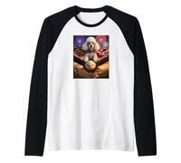 White Poodle Dog on Bald Eagle American Flag Glasses USA Raglan Baseball Tee