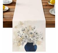 White Poppies Table Runner, Rustic Boho Farmhouse Deep Blue Vase Cream Flower Floral Cotton and Table Linen Runner for Kitchen Dining Home Decor for Party Festival Holiday Decoration Gift 13x70in