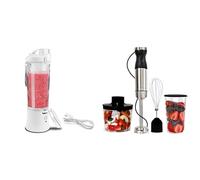 White Portable 600mL Cordless Blender for Smoothies,Shakes Type-C USB Rechargeable Mini Blender+Immersion Hand Blender Variable Speed Blender Handheld Blending Stick Food Chopper Whisk 700mL Beaker