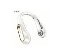 (White) Portable fan hanging around the neck, 5-speed USB cooler and digital screen, powerful technology and fanless design