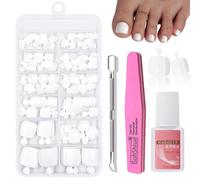 White Press on Toenails - 120Pcs Short Square False Toenails Kit with Glue - Glossy Solid White Fake Toenail Set - Full Cover Acrylic Toenail with File & Cuticle Pusher for Women DIY Pedicure Nail Art