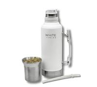 WHITE Prime Yerba Mate Starter Kit 1.2L - Double Wall Insulated Stainless Steel Thermos with Straw (Bombilla) & Mate Cup Lid, Precision Pour Spout & Handle | Hot Water Thermos for Mate Tea