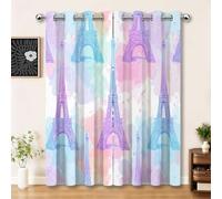 White Printed Blackout Curtains for Kids Room, W66 x L90 Inch 2 Panels Set Thermal Insulated Room Darkening Eyelet Drapes for Girls Bedroom - Eiffel Tower Fantasy Cartoon Theme Window Treatments