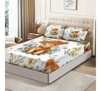 White Printed Sheet Set 3-Piece Small Double,Includes Deep Pocket Fitted Sheet 2 Matching Pillowcases - Ideal for Girls & Women’s Bedroom Refresh Watercolor Flowers Highland Cattle