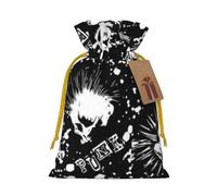 White Punk Skull Printed Christmas Drawstring Bags with Yellow Christmas Ribbon - Reusable Burlap Drawstring Gift Pouches, S