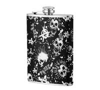 White Punk Skull Small Stainless Steel Rust-Proof And Leak-Proof Hip Flask With Delicate And Gentle Hand Feel, Sealed With Screw Cover And Durable, And Wrapped With Pu Leather Outside. 8oz Classic