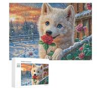 White Puppy with Red Rose in Snowy Dusk 300 Piece Jigsaw Puzzle for Adults Tabletop Entertainment Focus Improvement Gift for Hobby Lovers 300 PCS