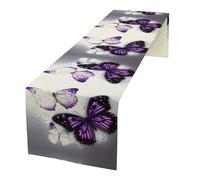 White Purple Butterflies Linen Table Runner 72 Inches Long Farmhouse Table Runners Dining Table Dresser Runner Scarves Tabletop Decoration for Kitchen Home Party Holiday