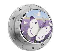 White Purple Butterflies Mechanical Kitchen Timer 60 Minute Wind Up Countdown Clock with Magnetic Back Loud Alarm Stainless Steel Manual Timer for Cooking Baking Classroom Home Gym
