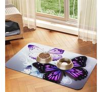 White Purple Butterflies Pet Feeding Mat Absorbent Pu Leather Dog Cat Food Mats Contain Spills Protects Floors, Anti-Slip Rubber Backing Dog Bowl Mats Easy Clean Pet Placemats 40x60cm