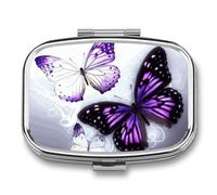 White Purple Butterflies Pill Box 2 Compartment Portable Travel Pill Case with Mirror Square Metal Medicines Storage Container Pocket Medicine Box to Hold Vitamins Fish Oil
