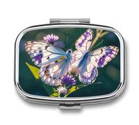 White Purple Butterflies Pill Box 2 Compartment - Small Metal Medicine Organizer Portable Pill Case for Purse Pocket Travel Vitamin Organizer for Men Women, BPA-Free