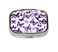 White Purple Butterflies Print Square Metal Pill Box Decorative Pill Case - Carry Your Meds in Style (Rectangular)