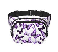 White Purple Butterflies Print Waist Pack Square Waist Bag Workout Hiking Running Travel Gym Pretty Zipper Fashion