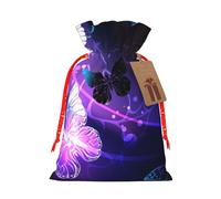 White Purple Butterflies Printed Christmas Drawstring Bags with Red Christmas Ribbon - Reusable Burlap Drawstring Gift Pouches, S