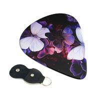 White Purple Butterflies Printed Guitar Picks, 6 Pack with Leather Keychain Pick Holder - 0.46mm, 0.71mm, 0.96mm Assorted Thickness for Acoustic Ukulele, Electric Guitar, Acoustic Guitar, Bass
