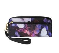 White Purple Butterflies Printed Leather Makeup Bags with Wrist Strap Portable Travel Toiletry Bag Cosmetic Organizer Bag for Women