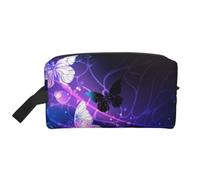 White Purple Butterflies Prints Large Makeup Bag Makeup Pouch with Handle, Portable Simple Travel Makeup Organizer Case for Women