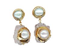 White Quartz Rough Cultured White freshwater Pearl Cluster gold Filled Earrings for women