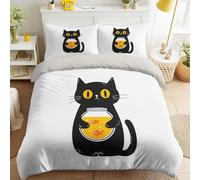 White Quilt Cover Set Single 140 x 200 cm, Playful Black Cats Fish Tank Elements Duvet Cover Bedding Set Bed Linen for Children's and Teen Bedroom, Soft Microfibre with 1 Pillowcase, Easy Care