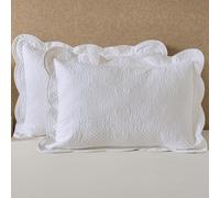 White Quilted Pillow Sham Standard Cotton Medallion Damask Set of 2 Embroidered Floral Pillowcases Scalloped Embossed Matelasse Victorian Vintage Textured Decorative 20×26