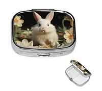 White Rabbit and Lilies Pill Case Portable Square Pill Box 2 Compartment Pill Organizer Cute Travel Pill Container Vitamin Organizer for Purse Pocket Travel Gift