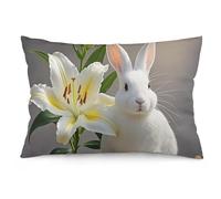 White Rabbit and Lilies Pillow Cover Flannel Lumbar Pillow Case Rectangle Decorative Soft Plush Pillowcase Modern Double Sided Pattern Cushion Covers for Home Office Sofa 12 "x20