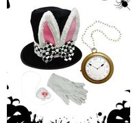 White Rabbit Costume 4 Piece Cosplay Set | Bunny Ears Hat, Nose, Gloves, Watch | Tea Party Outfit | Role-Playing Accessories | Fun Outfit For Easter, Halloween, Events And Themed Gatherings