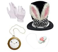 White Rabbit Costume Accessories - Rabbits Ears Plush Topper Hat Bunny Nose Clock Gloves | 4 Pieces Cosplay Tea Party Supplies For Easter Halloween Role Playing Events Gatherings