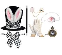 White Rabbit Costume Set Black Bunny Ears Top Hat Outfit Accessories Top Hat with Rabbit Ears Nose Bow Tie Pocket Watch Gloves for Women Halloween Cosplay Fancy Dress Up Party